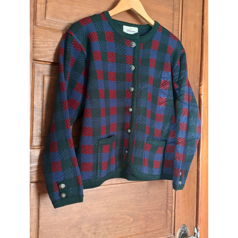 Worthington Vintage Plaid Cardigan Sweater Green Blue Red Crest Button Medium